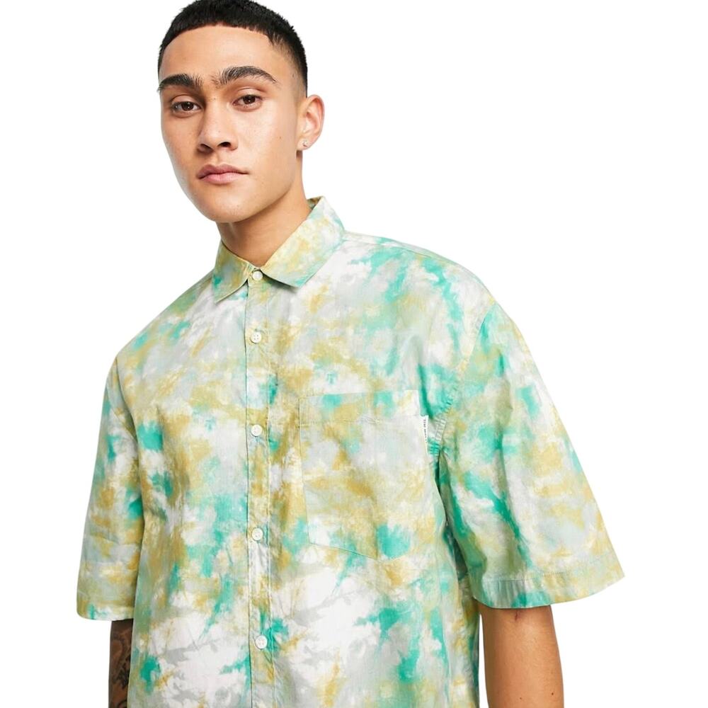 Topman Button-Up Shirt Marble Print Short Sleeve Chest Pocket Multicolor M NWOT